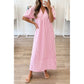 Andra Pink Stripe V Neck Short Sleeve Shift Long Dress