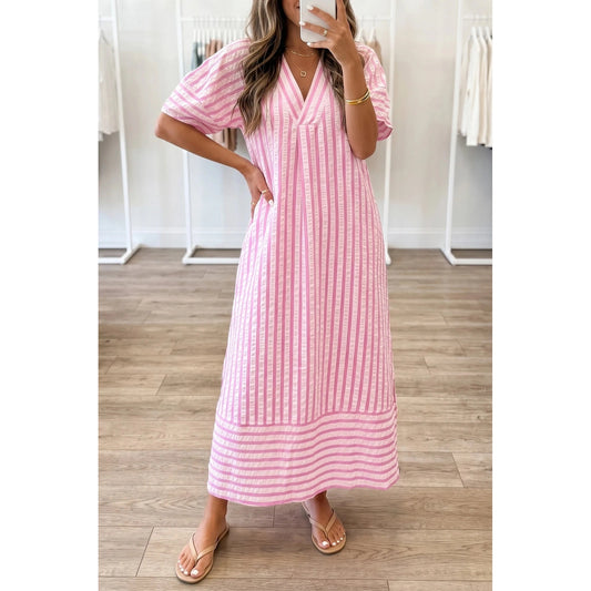 Andra Pink Stripe V Neck Short Sleeve Shift Long Dress