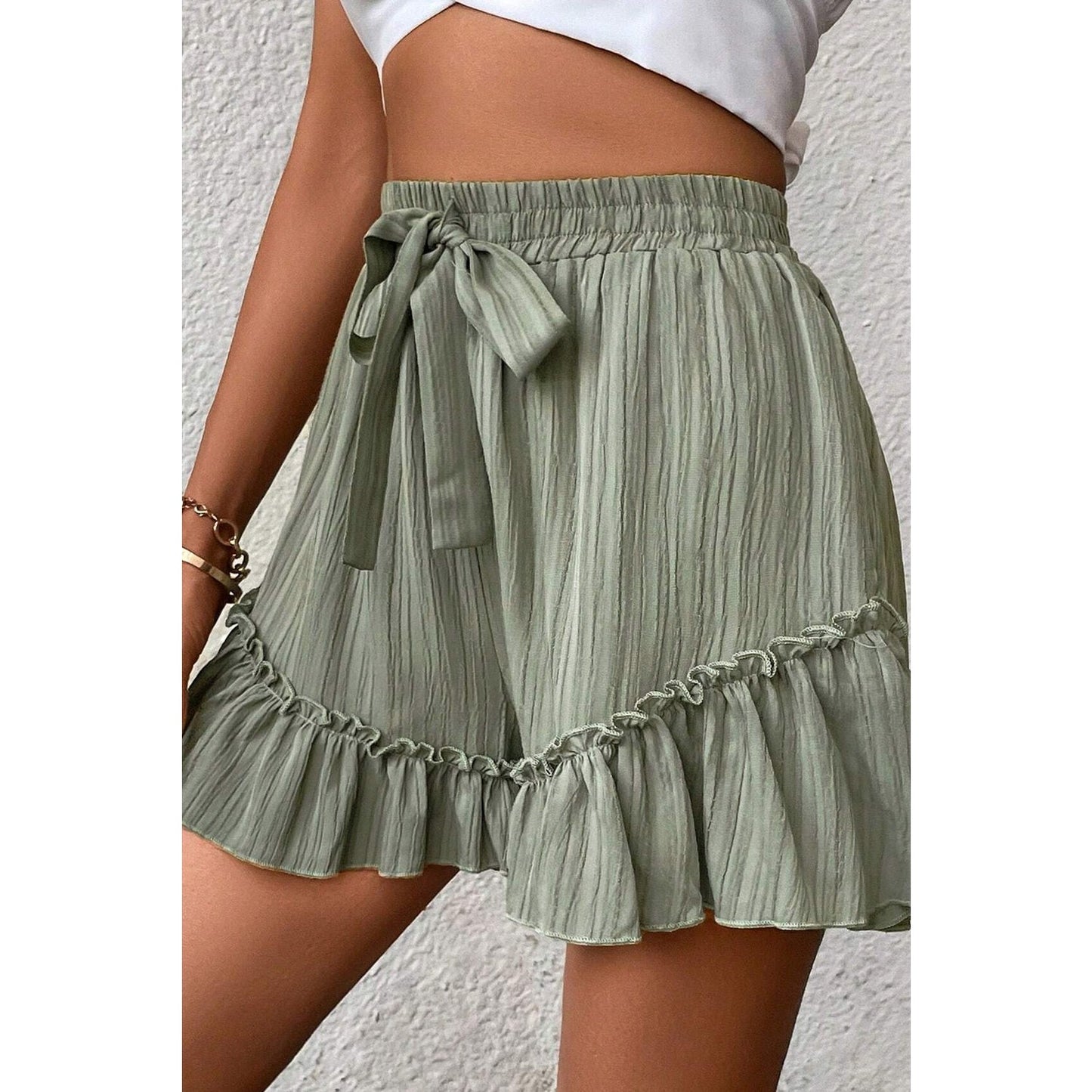 Andrea Laurel Green Textured Tie Waist Ruffle Hem Shorts