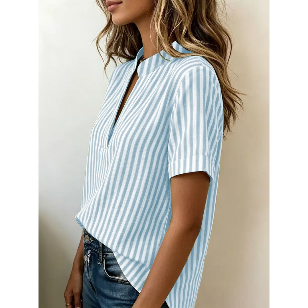Andrea Blue Striped Notch‑Neck Popover Top