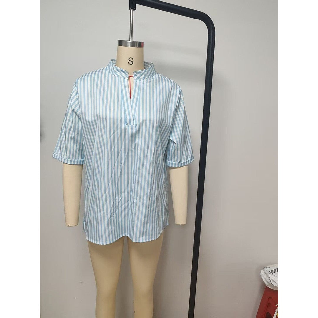 Andrea Blue Striped Notch‑Neck Popover Top