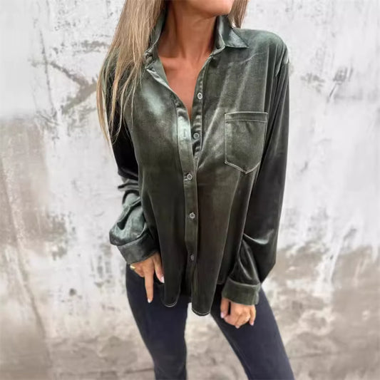Angel Green Velvet Button Front Shirt w/ Pocket