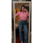 Angelie Pink Stripe Striped V-Neck Half Sleeve Zipper Ribbed Cuff Casual Shift Blouse