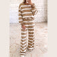 Angelita Khaki Stripe Contrast Trim Patchwork Casual Two-Piece Pants Set