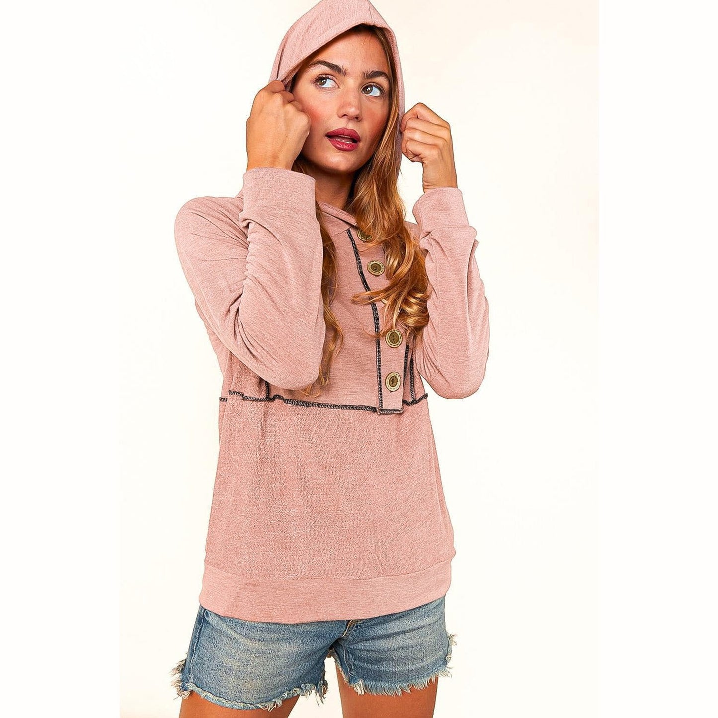 Angelita Pink Button Front Princess Line Out Seam Hoodie