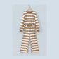 Angelita Khaki Stripe Contrast Trim Patchwork Casual Two-Piece Pants Set