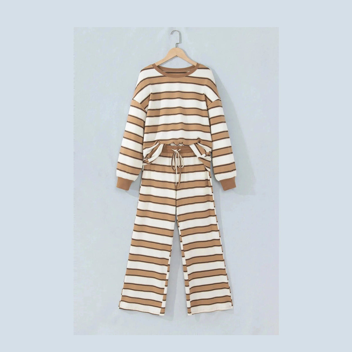 Angelita Khaki Stripe Contrast Trim Patchwork Casual Two-Piece Pants Set