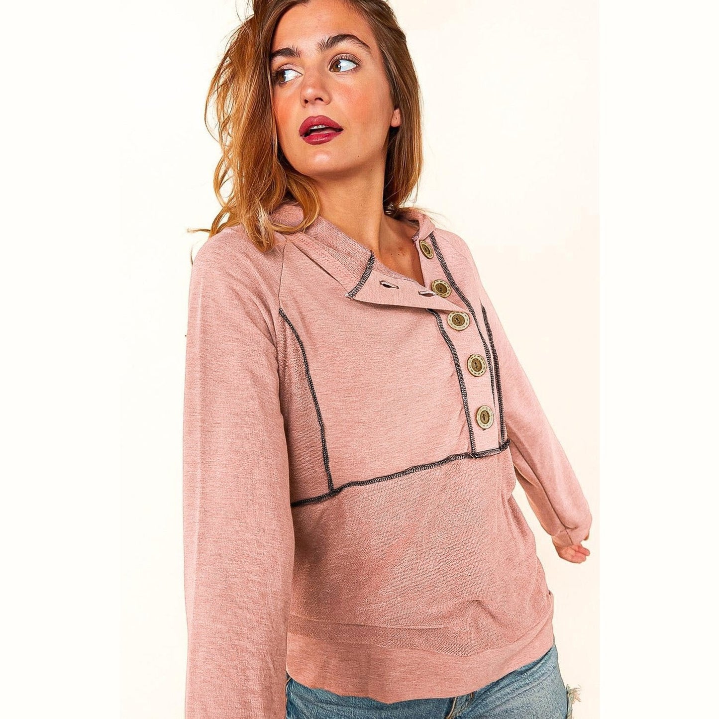 Angelita Pink Button Front Princess Line Out Seam Hoodie