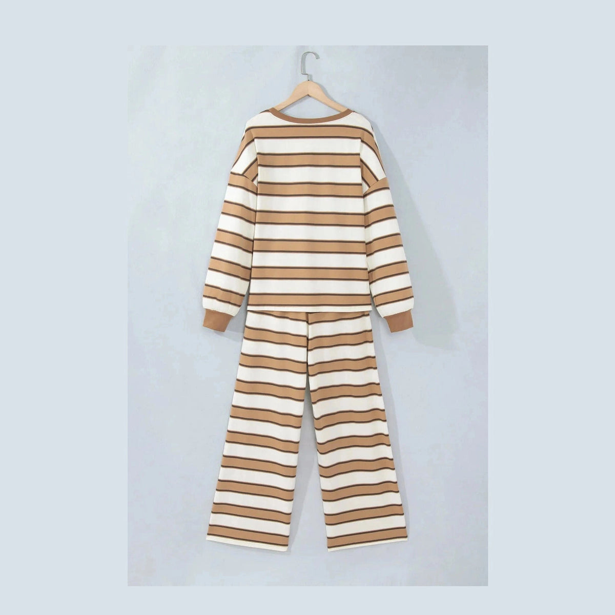 Angelita Khaki Stripe Contrast Trim Patchwork Casual Two-Piece Pants Set