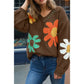 Angelo Coffee Big Flower Pattern V Neck Drop Shoulder Sweater