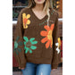 Angelo Coffee Big Flower Pattern V Neck Drop Shoulder Sweater