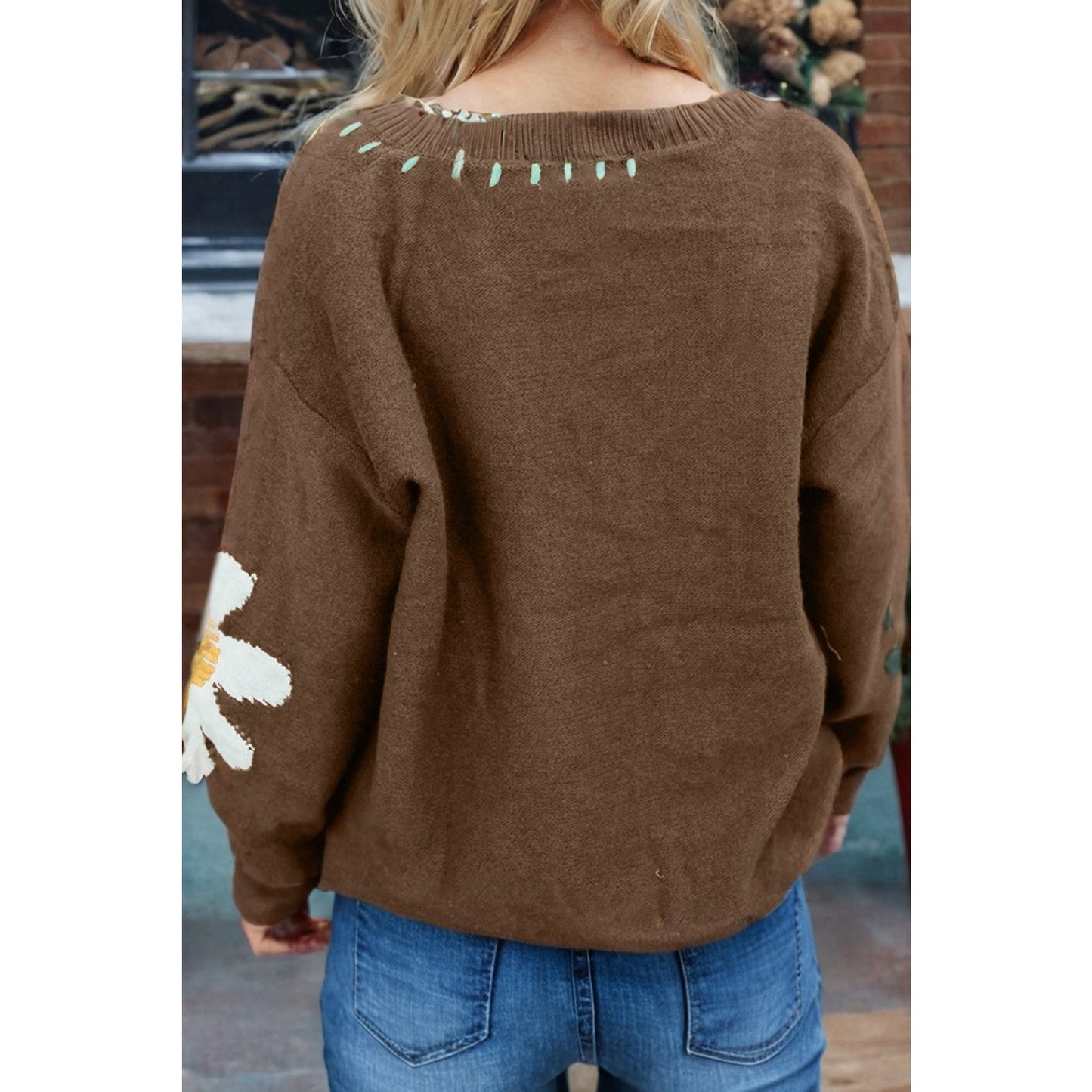 Angelo Coffee Big Flower Pattern V Neck Drop Shoulder Sweater