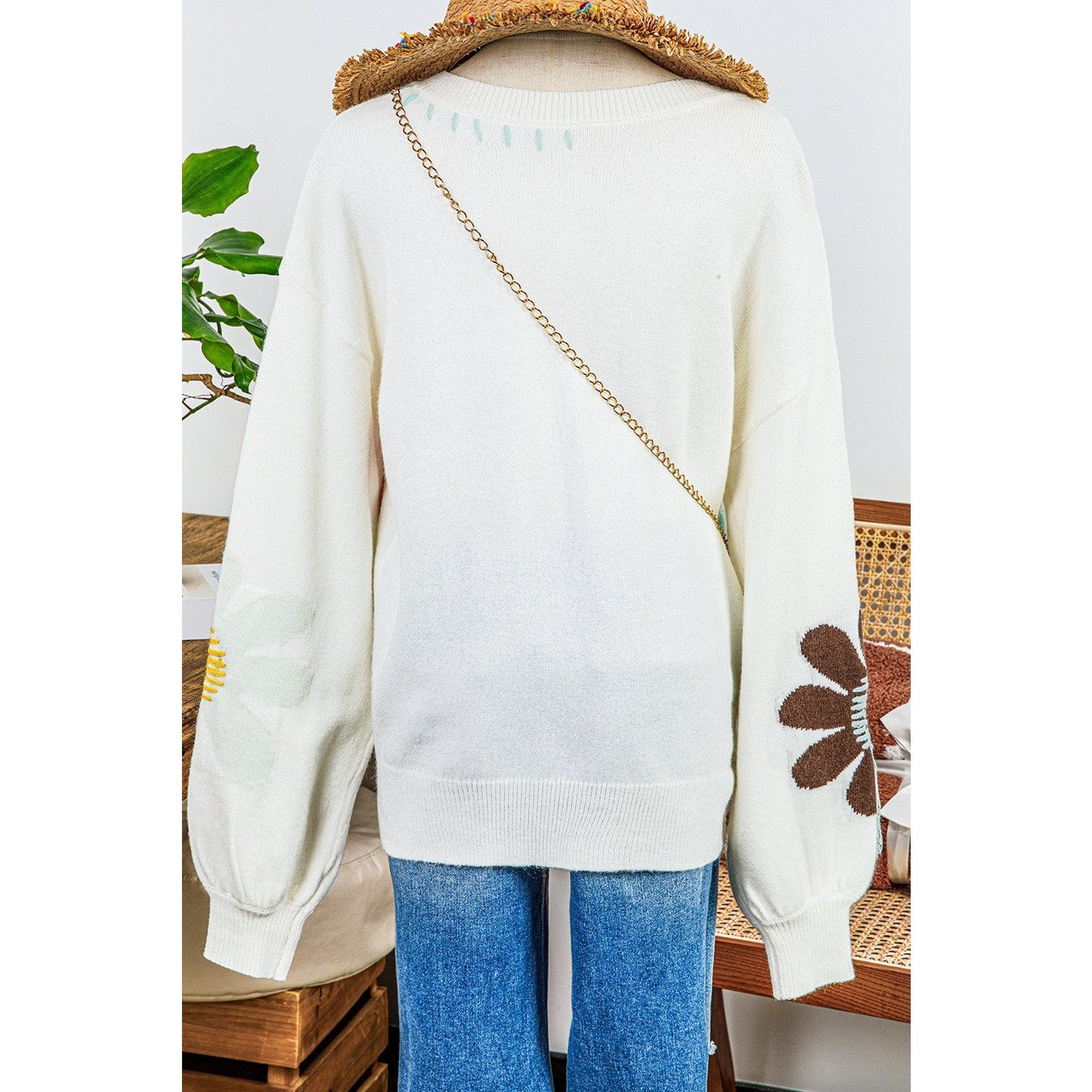 Angelo White Big Flower Pattern V Neck Drop Shoulder Sweater