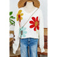 Angelo White Big Flower Pattern V Neck Drop Shoulder Sweater