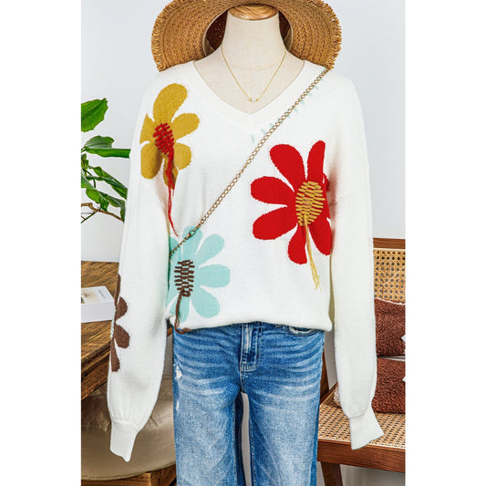 Angelo White Big Flower Pattern V Neck Drop Shoulder Sweater