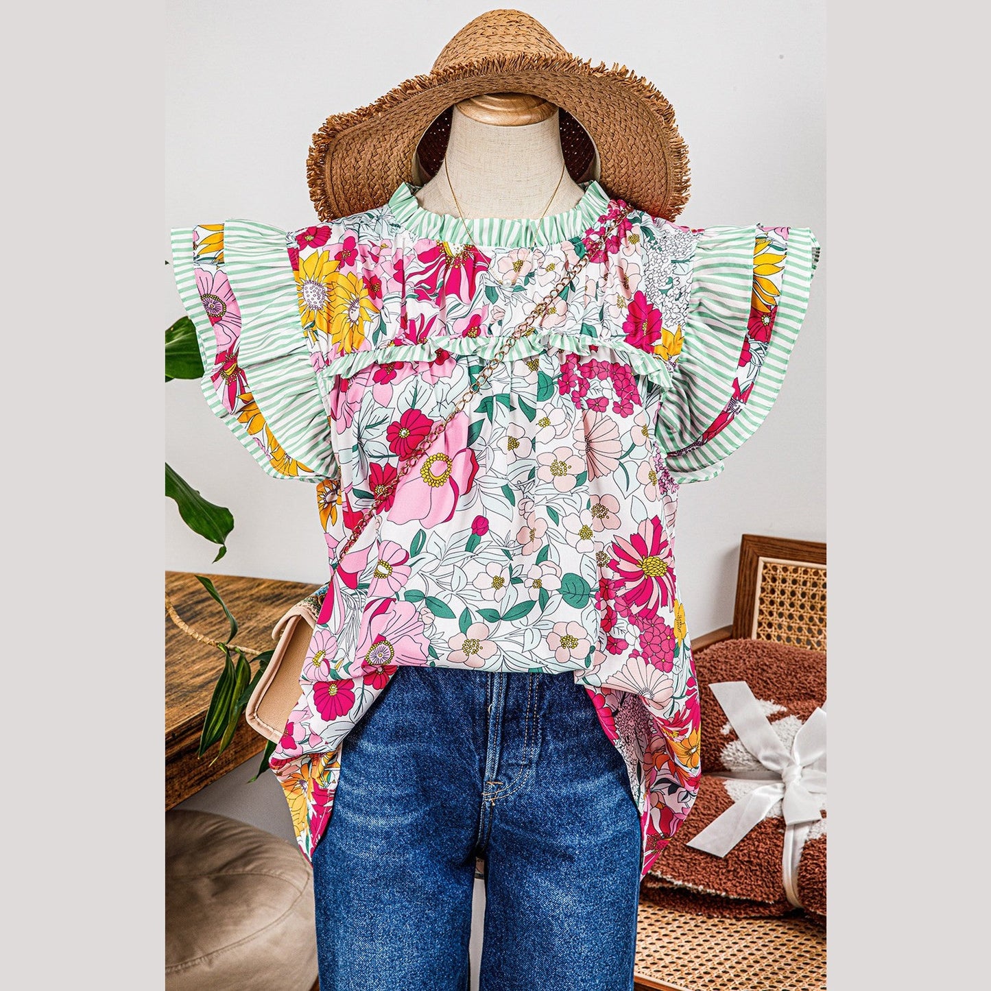 Angil Pink Floral Print Contrast Ruffle Trim Short Sleeve Blouse