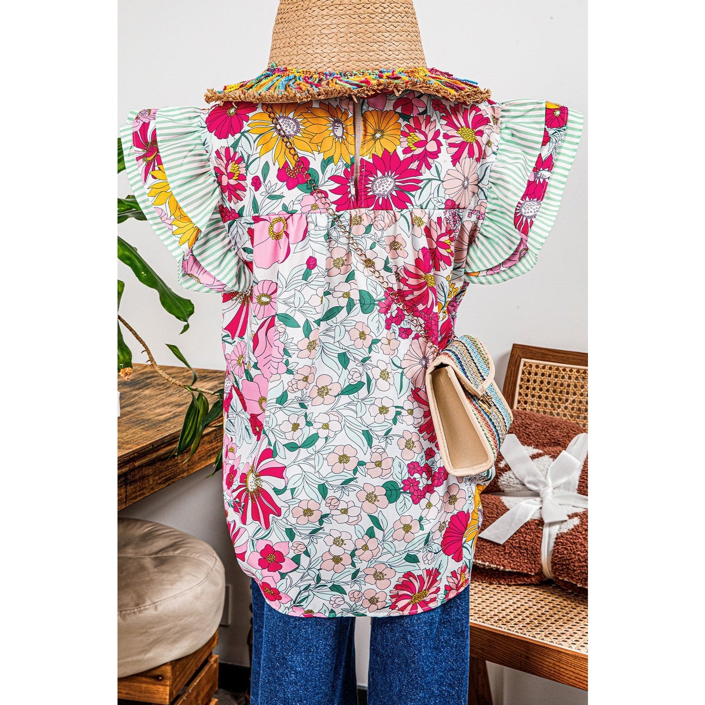 Angil Pink Floral Print Contrast Ruffle Trim Short Sleeve Blouse