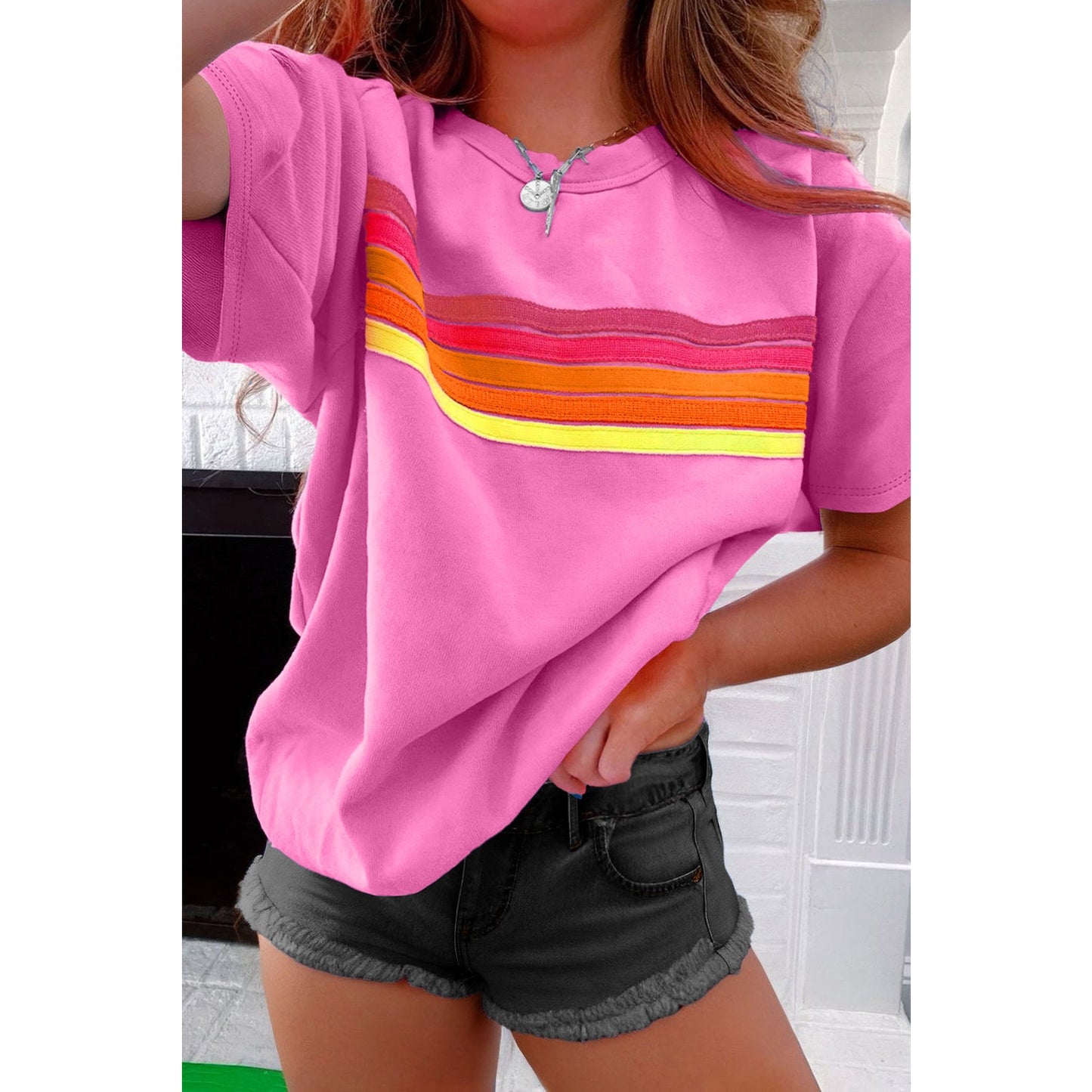 Anita Pink Striped Patch Front Casual Tee
