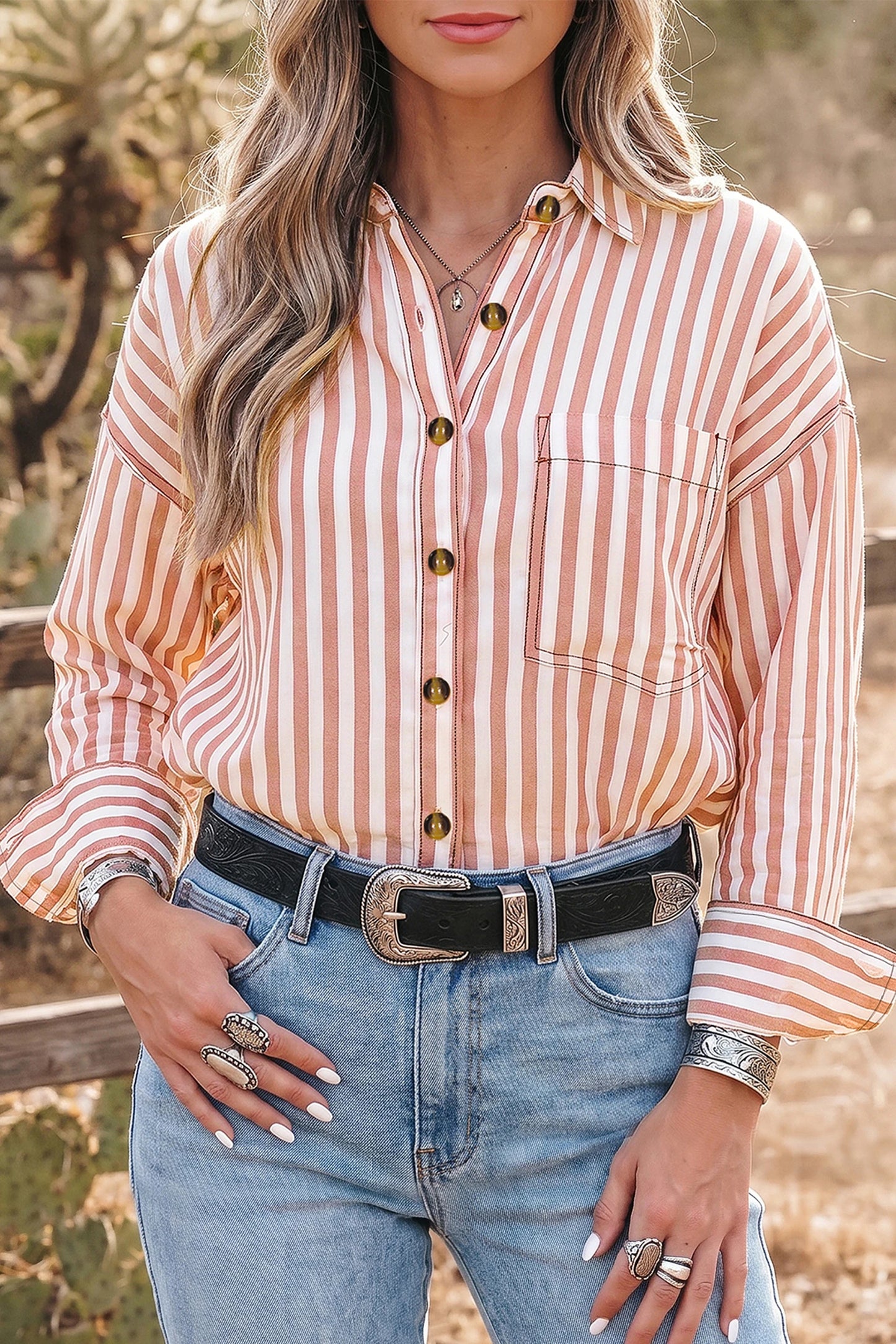 Annelise Stripe Western Button Down Long Sleeve Casual Shirt