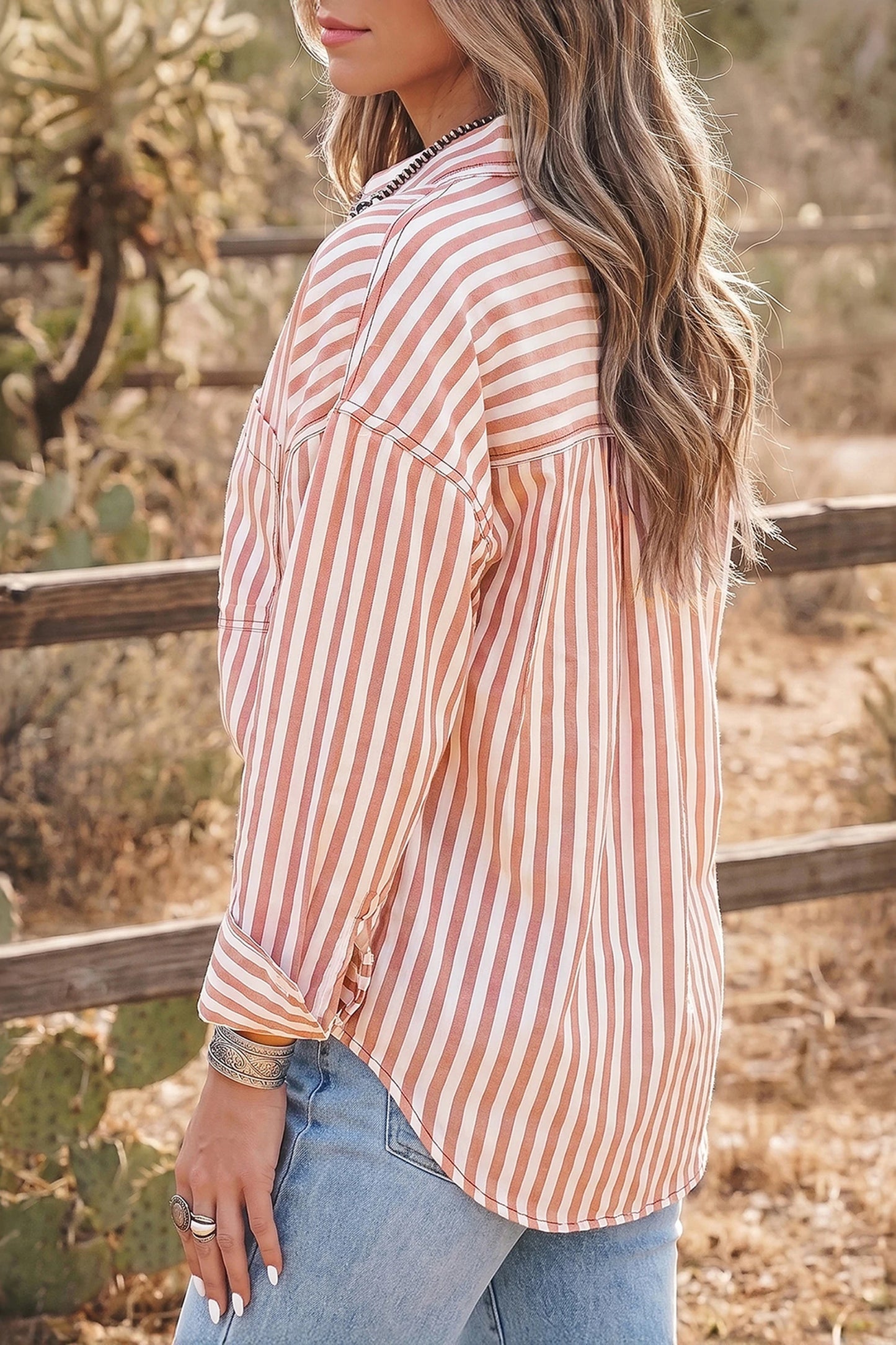 Annelise Stripe Western Button Down Long Sleeve Casual Shirt