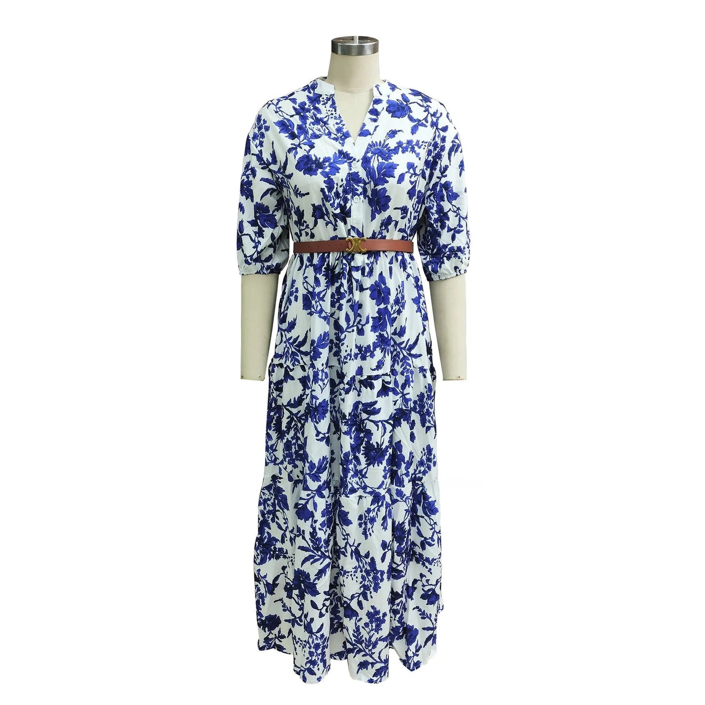 Ann Kate Blue Floral V Neck Maxi Dress