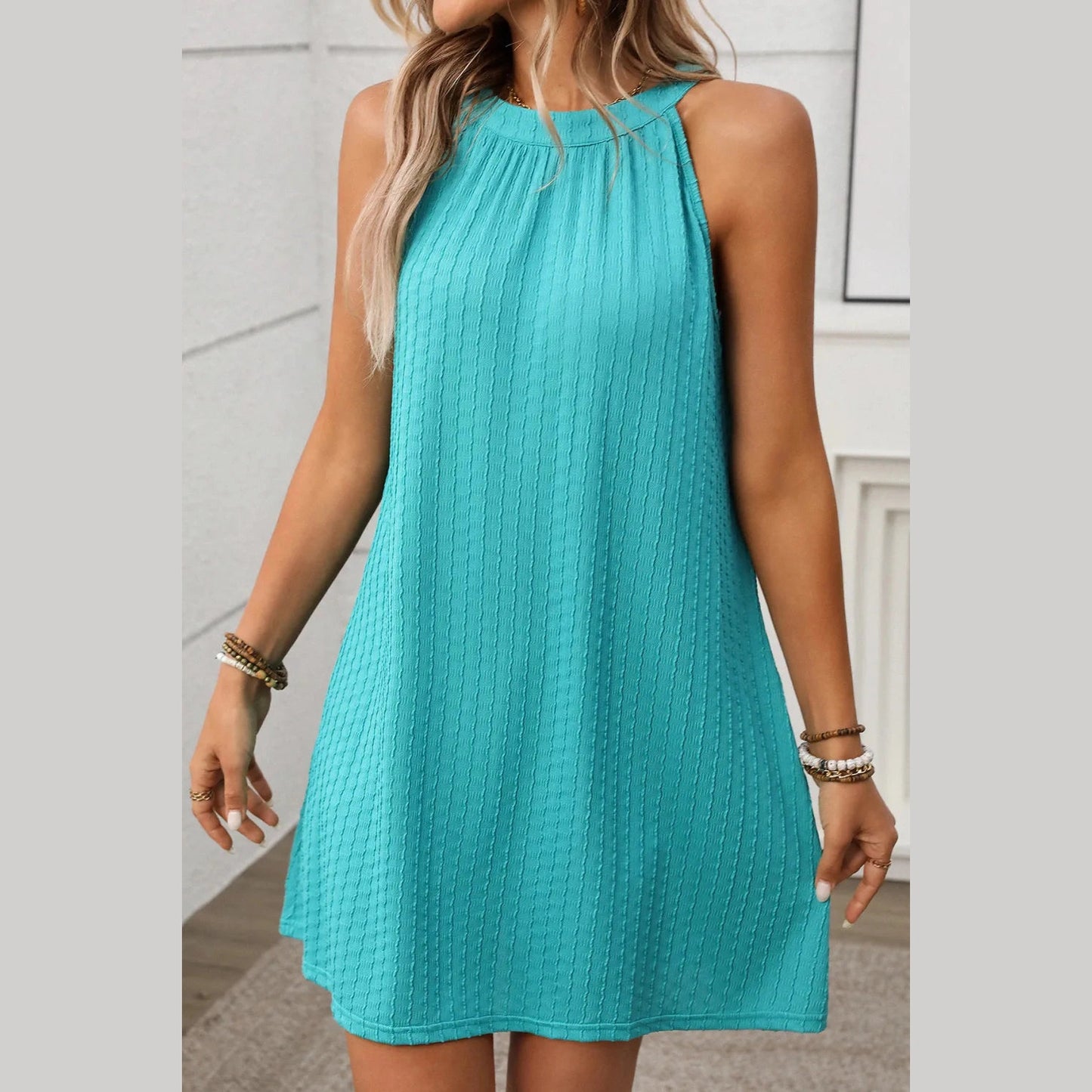 Anna Turquoise Textured Halter Mini Dress