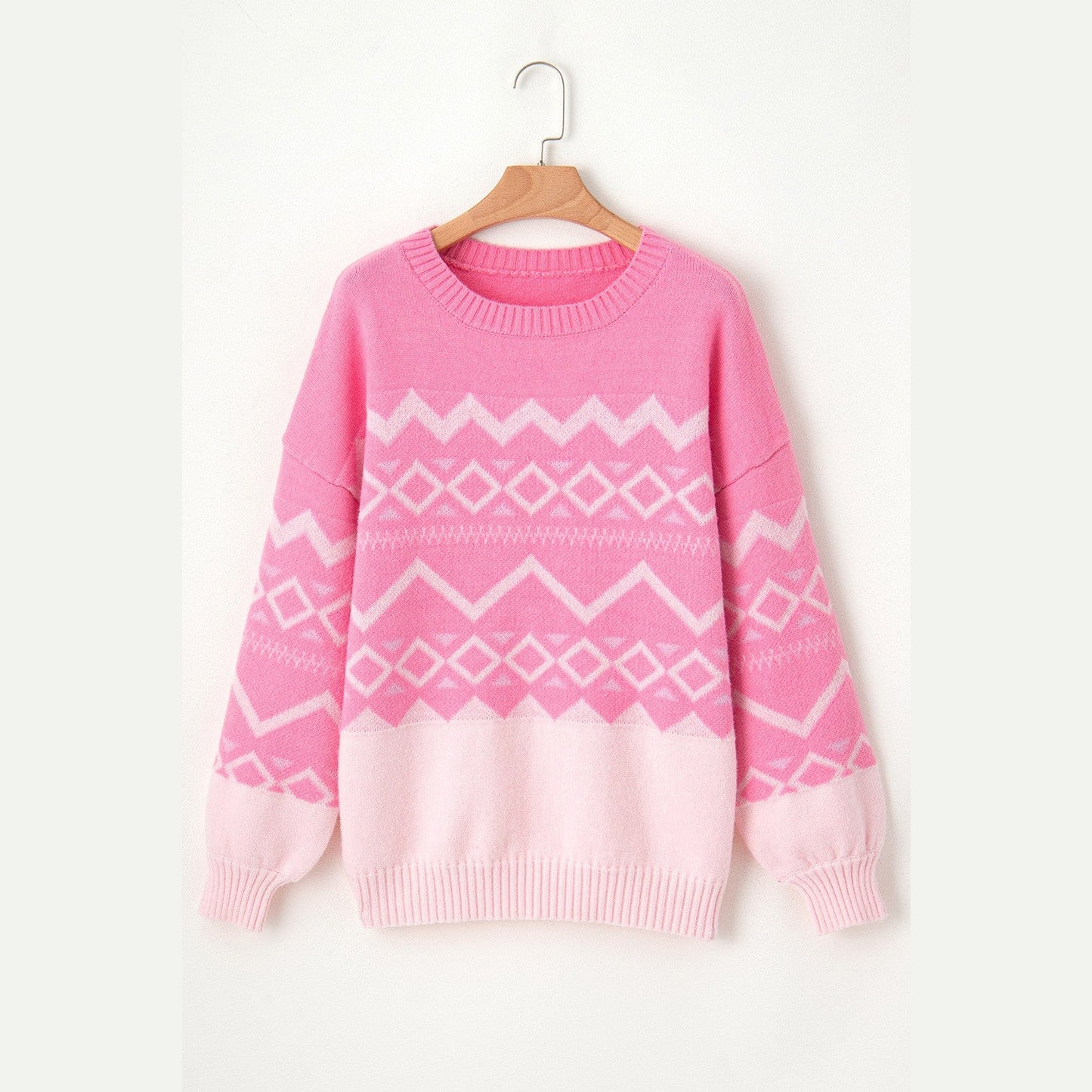 Anna Beth Pink Western Aztec Geometric Drop Shoulder Sweater