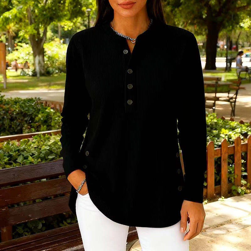 Annalee Black Classic Ribbed Knit With Contrast Button Trim