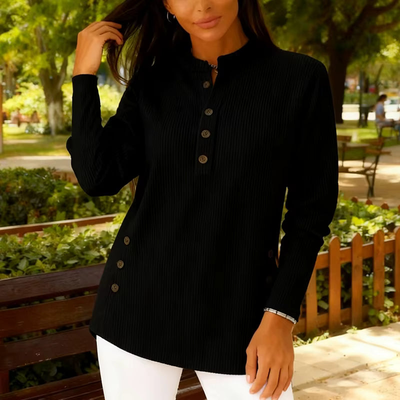 Annalee Black Classic Ribbed Knit With Contrast Button Trim