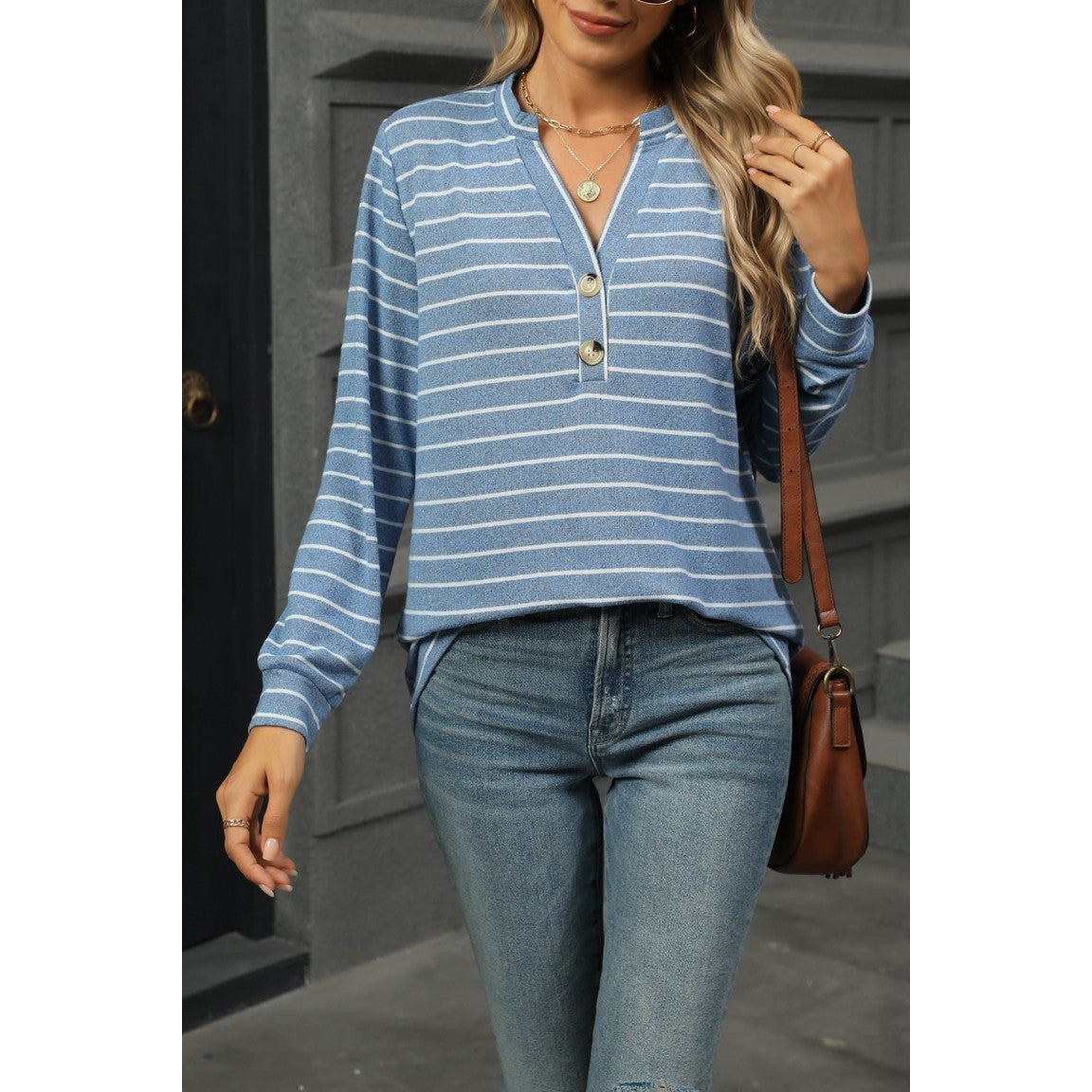 Anne Blue Striped V Quarter Button Long Sleeve Shirt