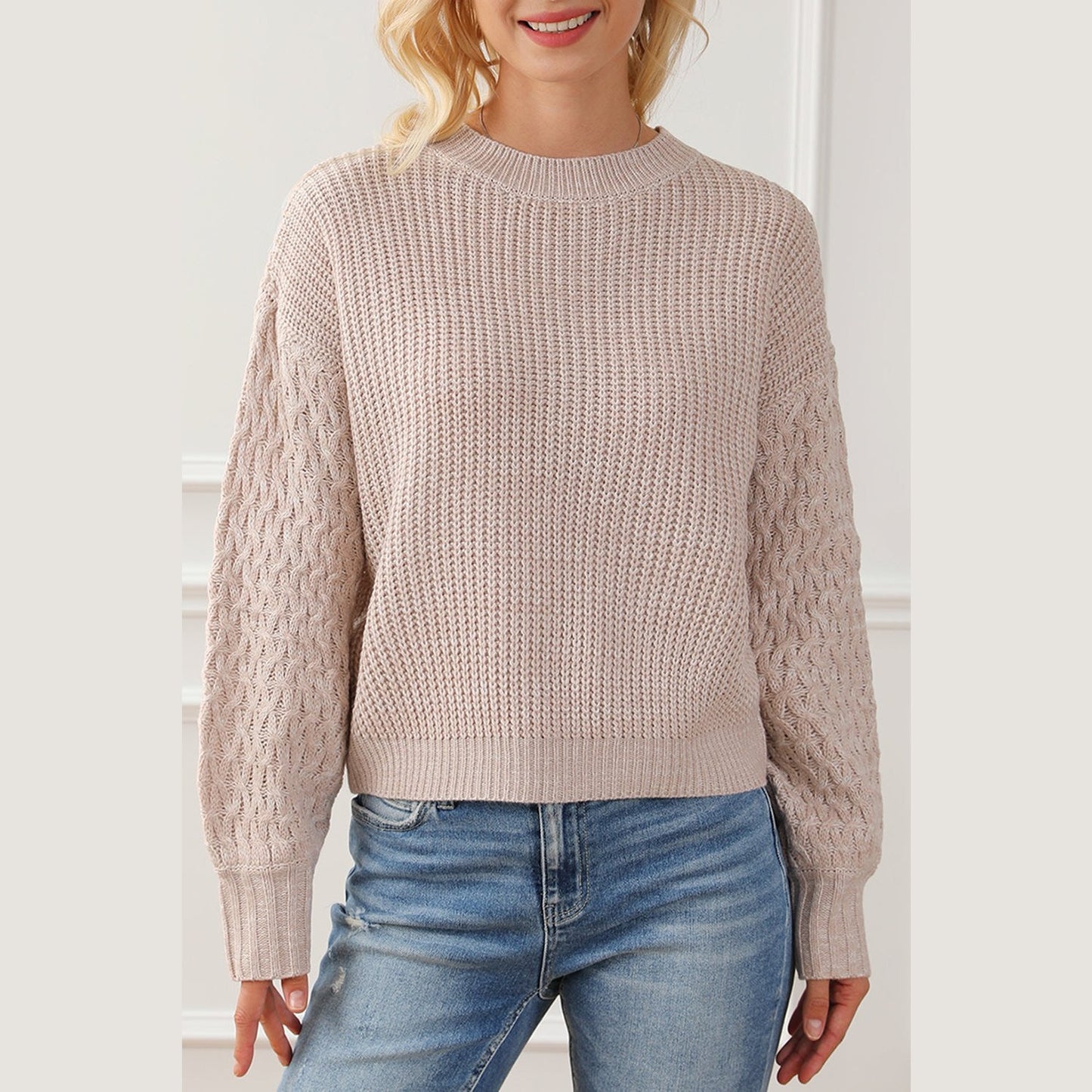 Anni Apricot Cable Knit Sleeve Drop Shoulder Sweater