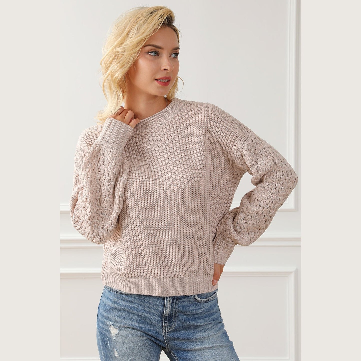 Anni Apricot Cable Knit Sleeve Drop Shoulder Sweater