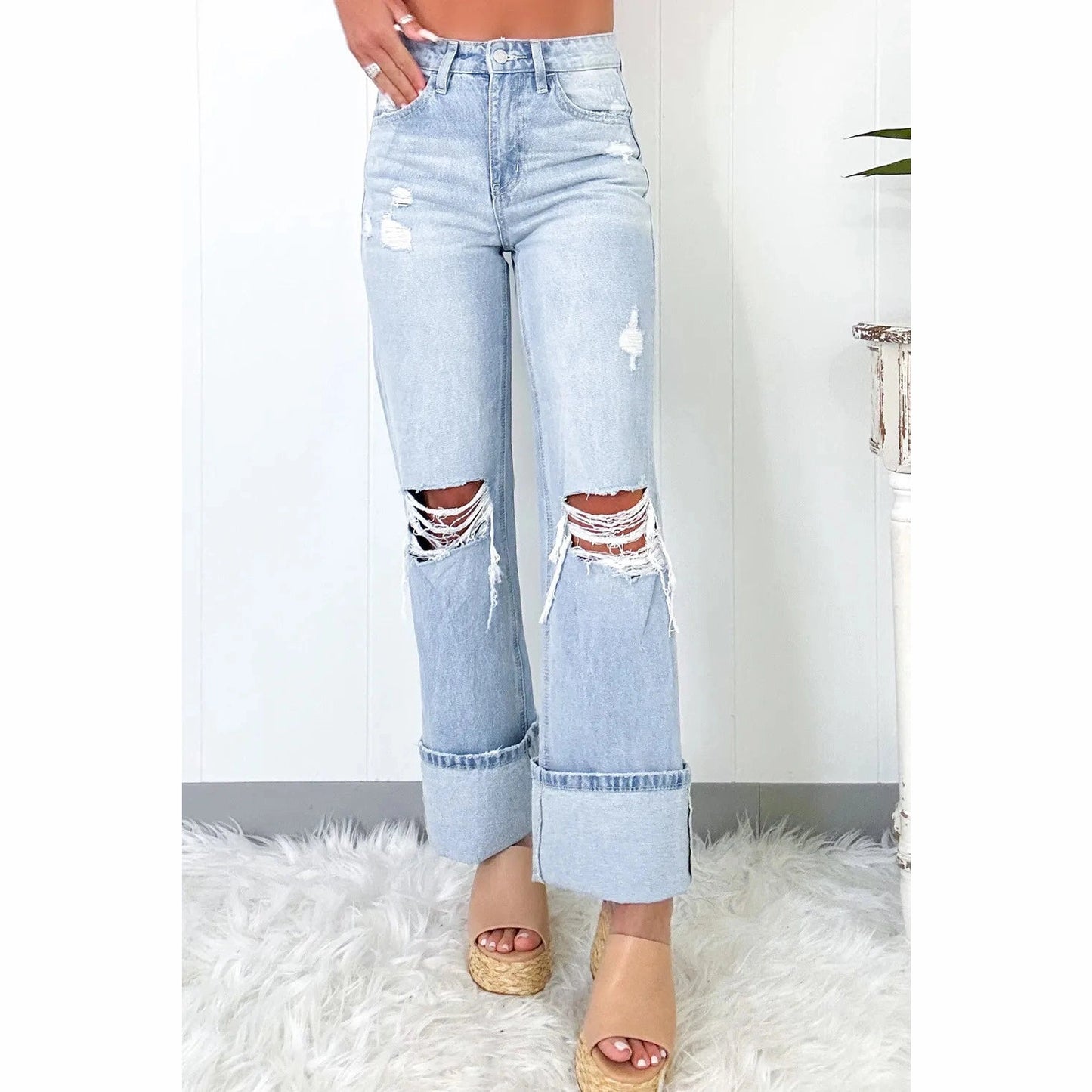 Annique Beau Blue Light Wash Distressed Flare Jeans