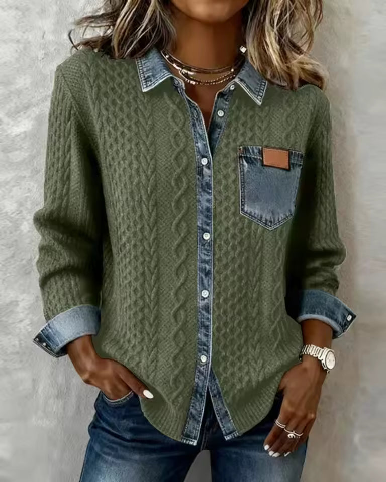 Antoinette Green Denim Trimmed Knit Button Up Top