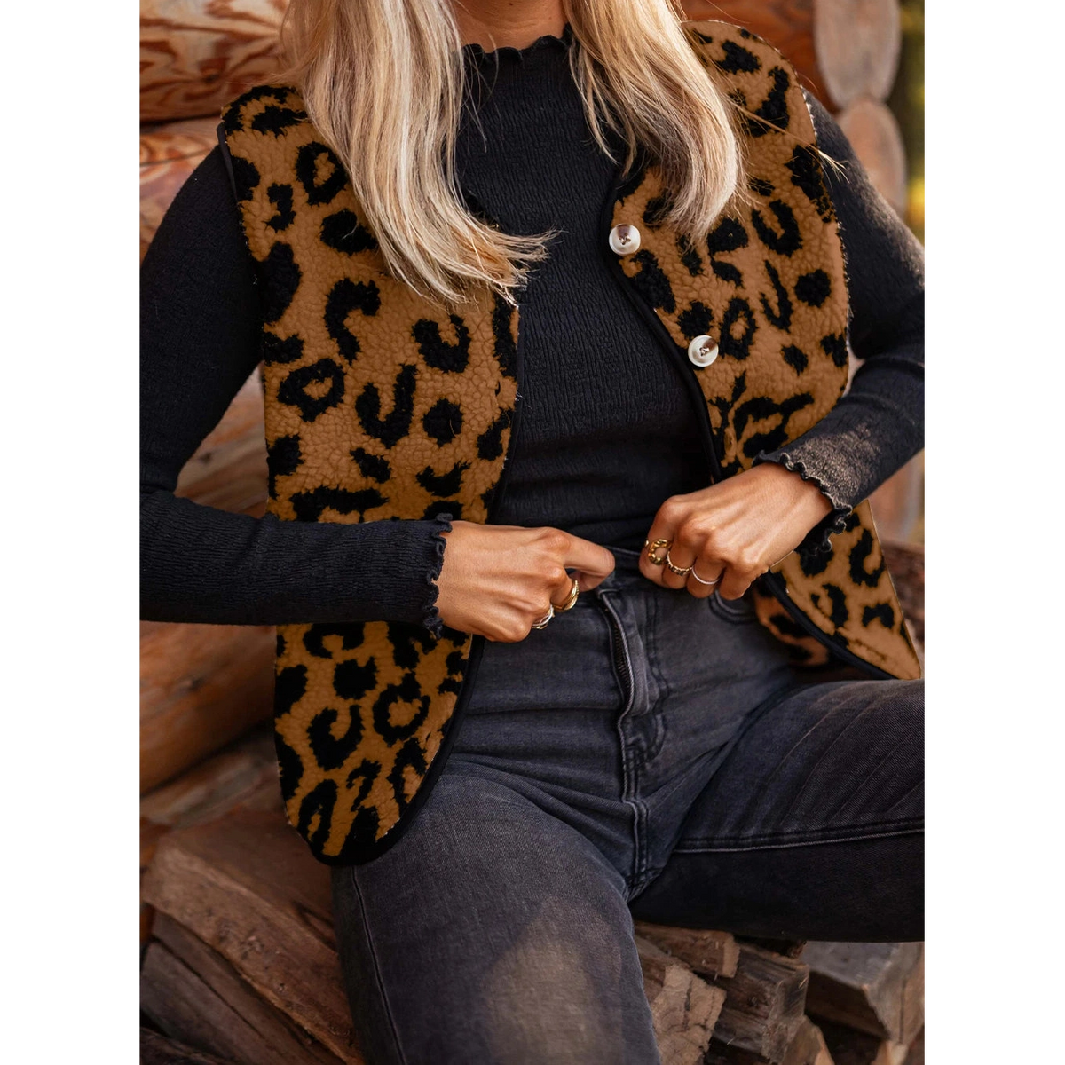 Antonia Brown Leopard Print Sherpa Vest