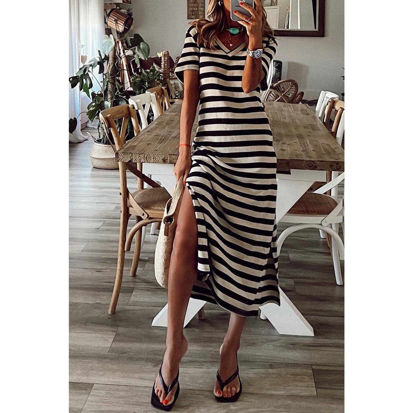 DESTASH Anya Black Stripe Print V Neck Maxi Dress with Side Splits