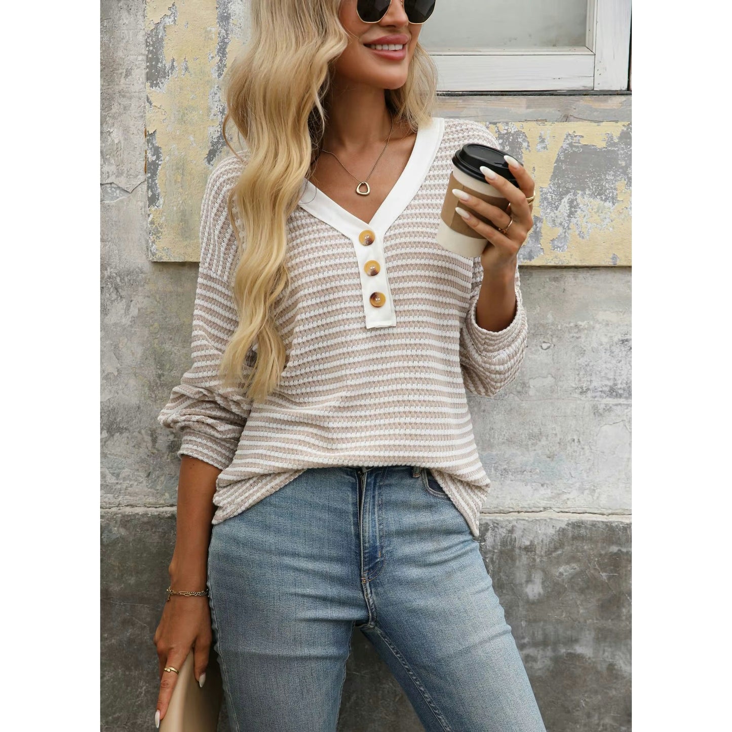 Libby Striped V Neck Waffle Knit Henley Long Sleeve Top
