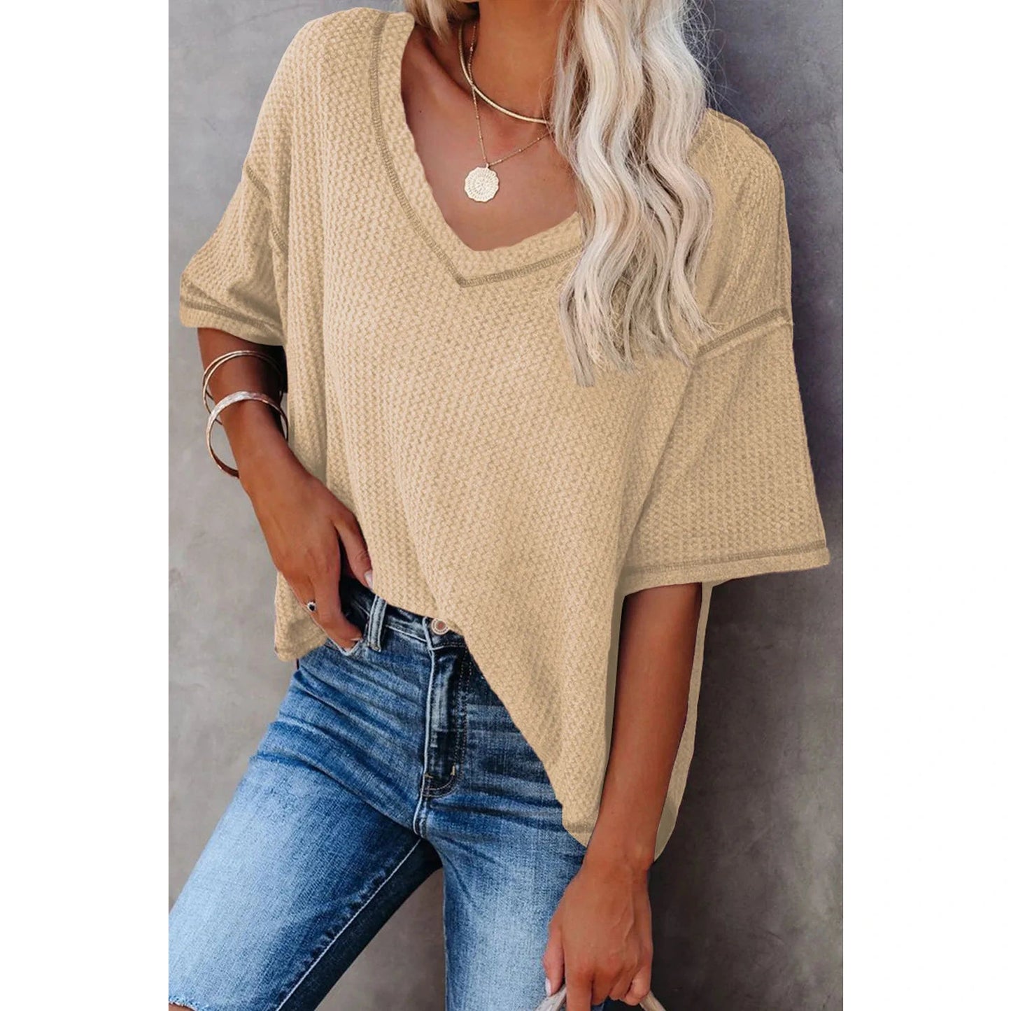 Sherry Apricot Exposed Seam Half Sleeve Knitted V Neck Textured Top