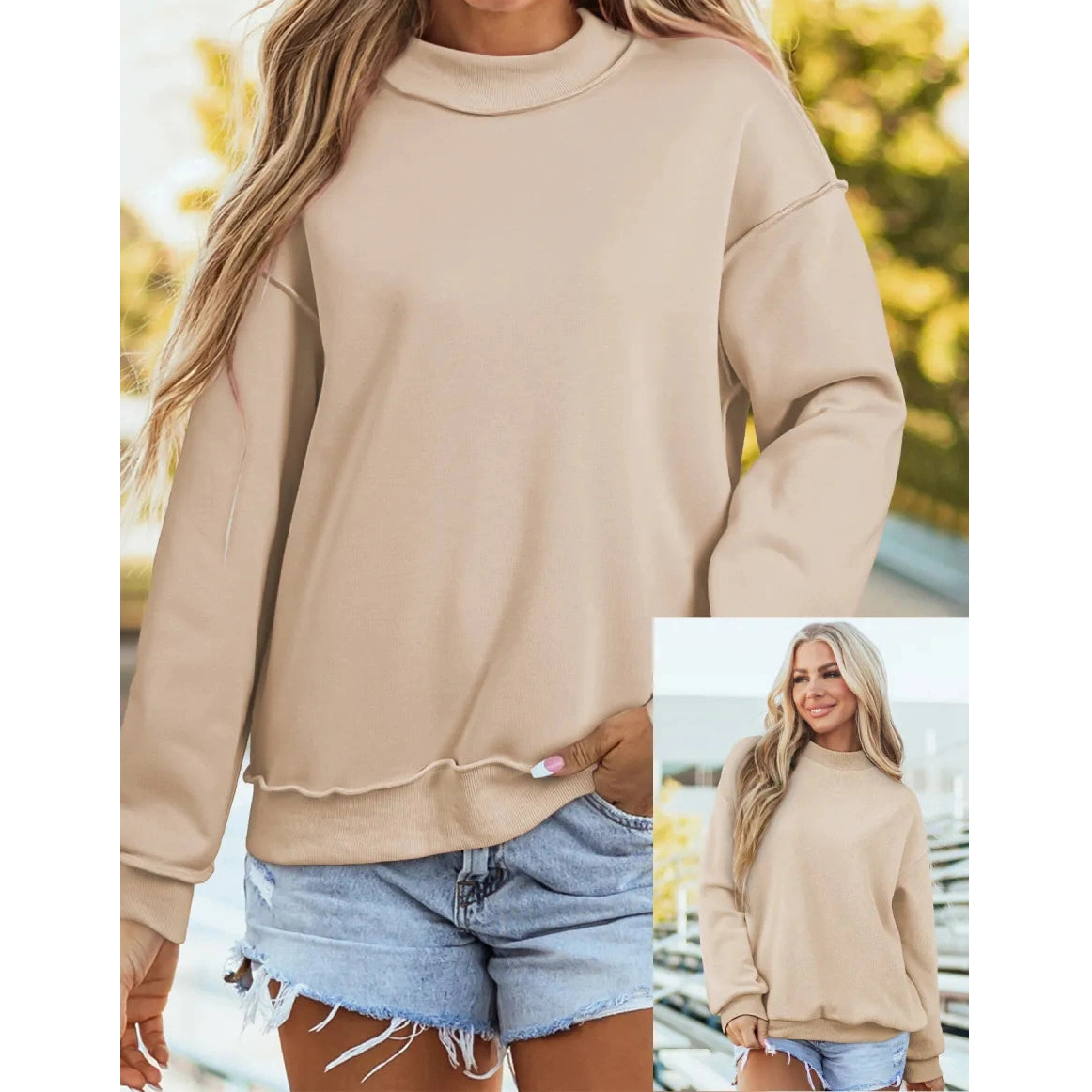 Alessia Apricot Oversize Drop Shoulder Reversible Mock Neck Sweatshirt