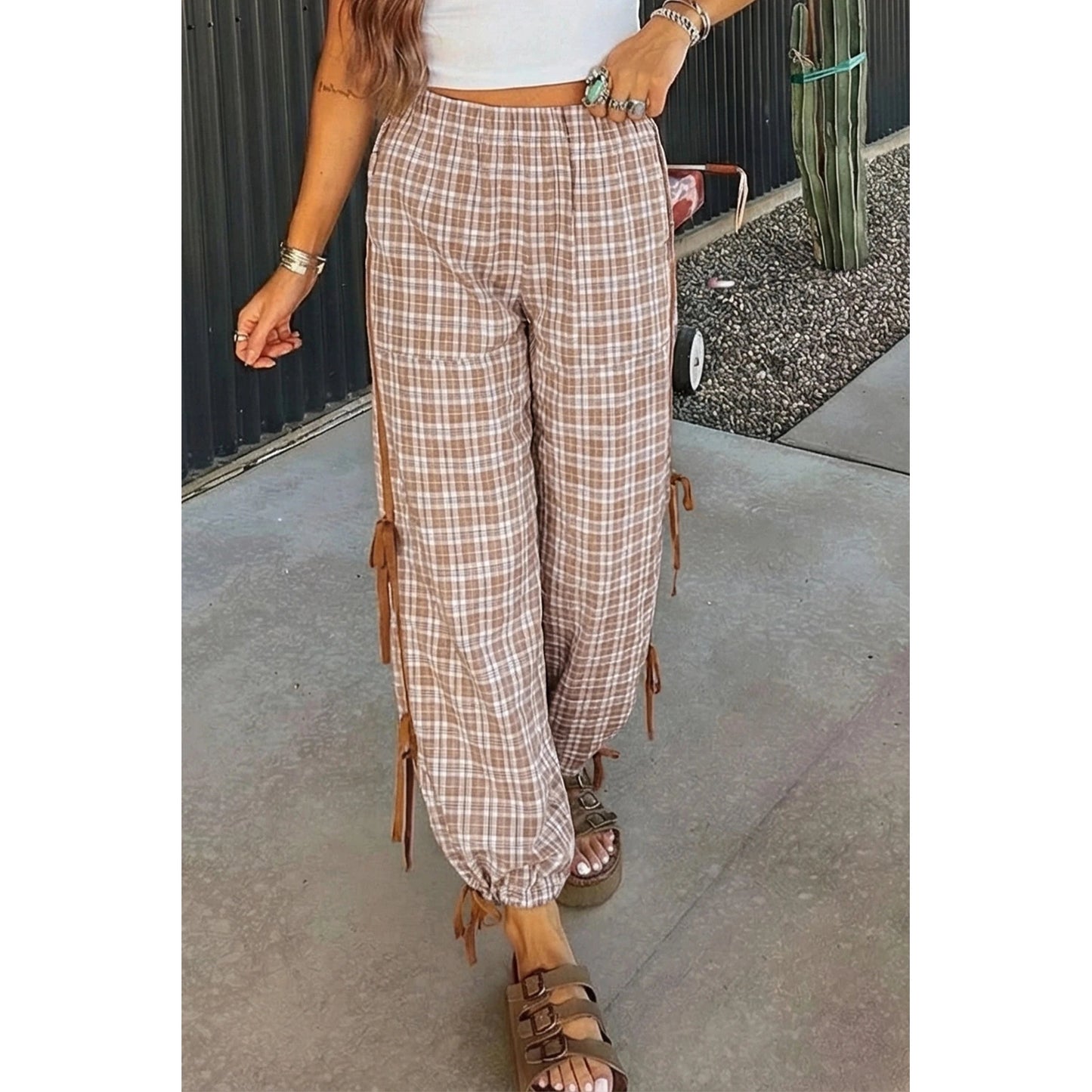 Ariel Chestnut Plaid Print Elastic Waist Bow Tie Contrast Detail Jogger Pants