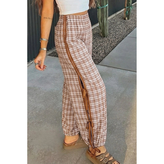 Ariel Chestnut Plaid Print Elastic Waist Bow Tie Contrast Detail Jogger Pants