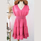 Arielle Strawberry Pink Ruched Sleeve V Neck Smock Waist Tiered Ruffled Dress