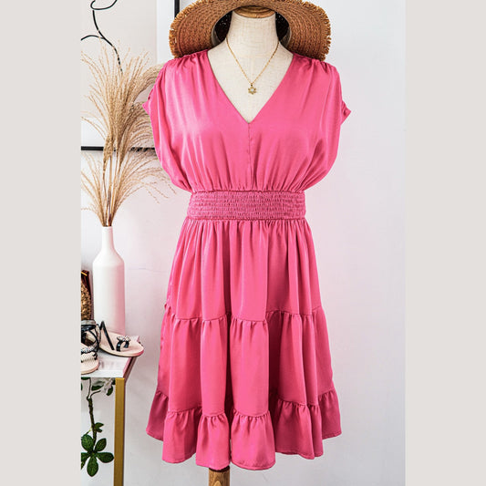 Arielle Strawberry Pink Ruched Sleeve V Neck Smock Waist Tiered Ruffled Dress