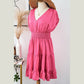 Arielle Strawberry Pink Ruched Sleeve V Neck Smock Waist Tiered Ruffled Dress