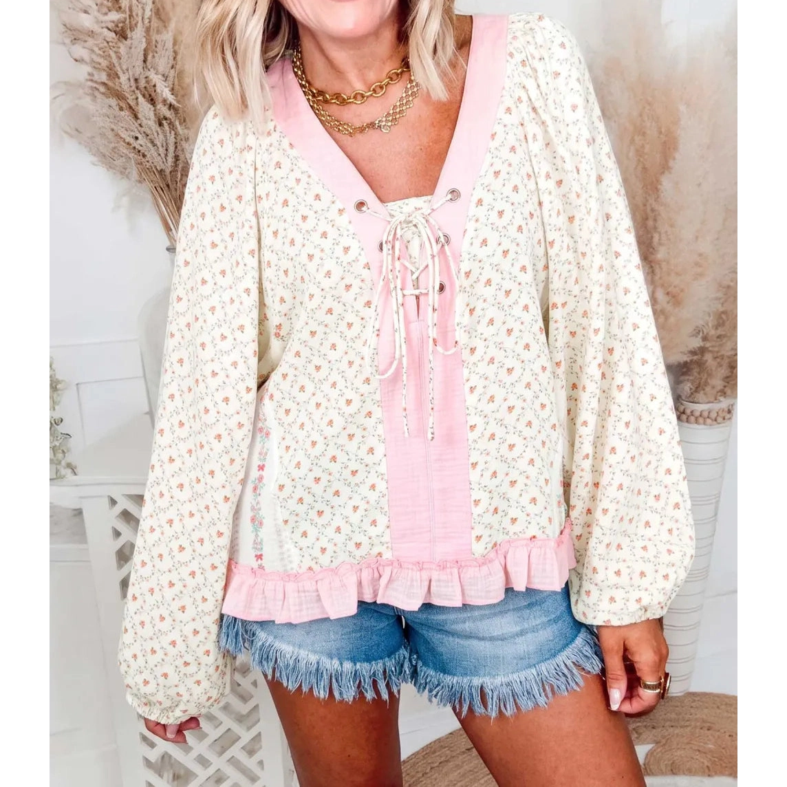 Arley Ann Floral Print Color Block Trim Lace-up V Neck Long Sleeve Blouse