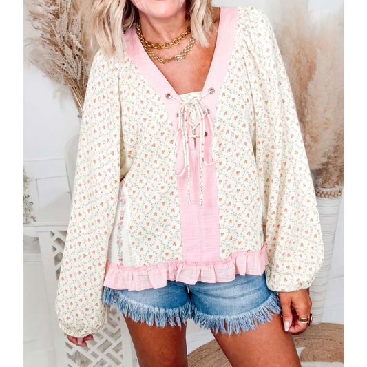 Arley Ann Floral Print Color Block Trim Lace-up V Neck Long Sleeve Blouse