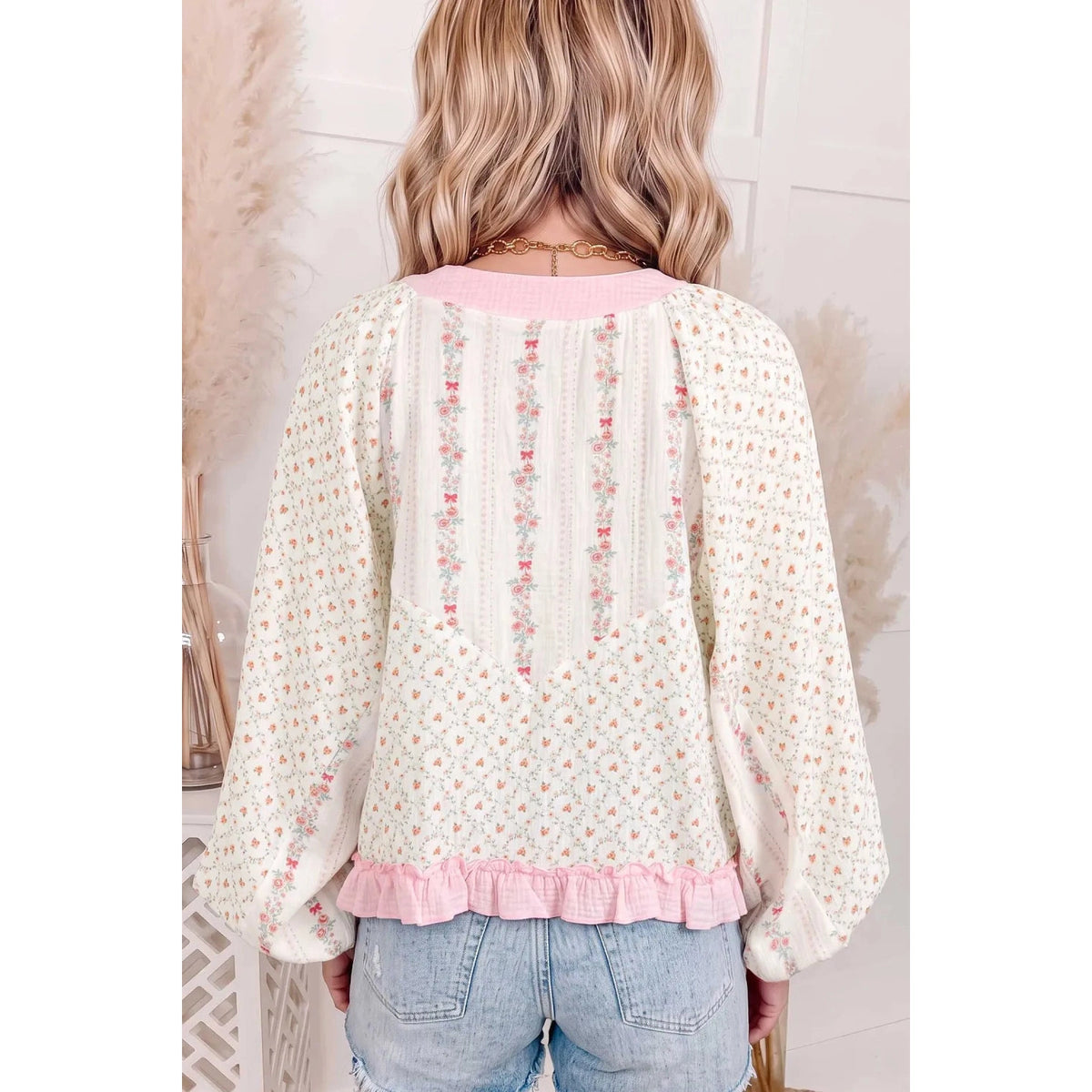 Arley Ann Floral Print Color Block Trim Lace-up V Neck Long Sleeve Blouse