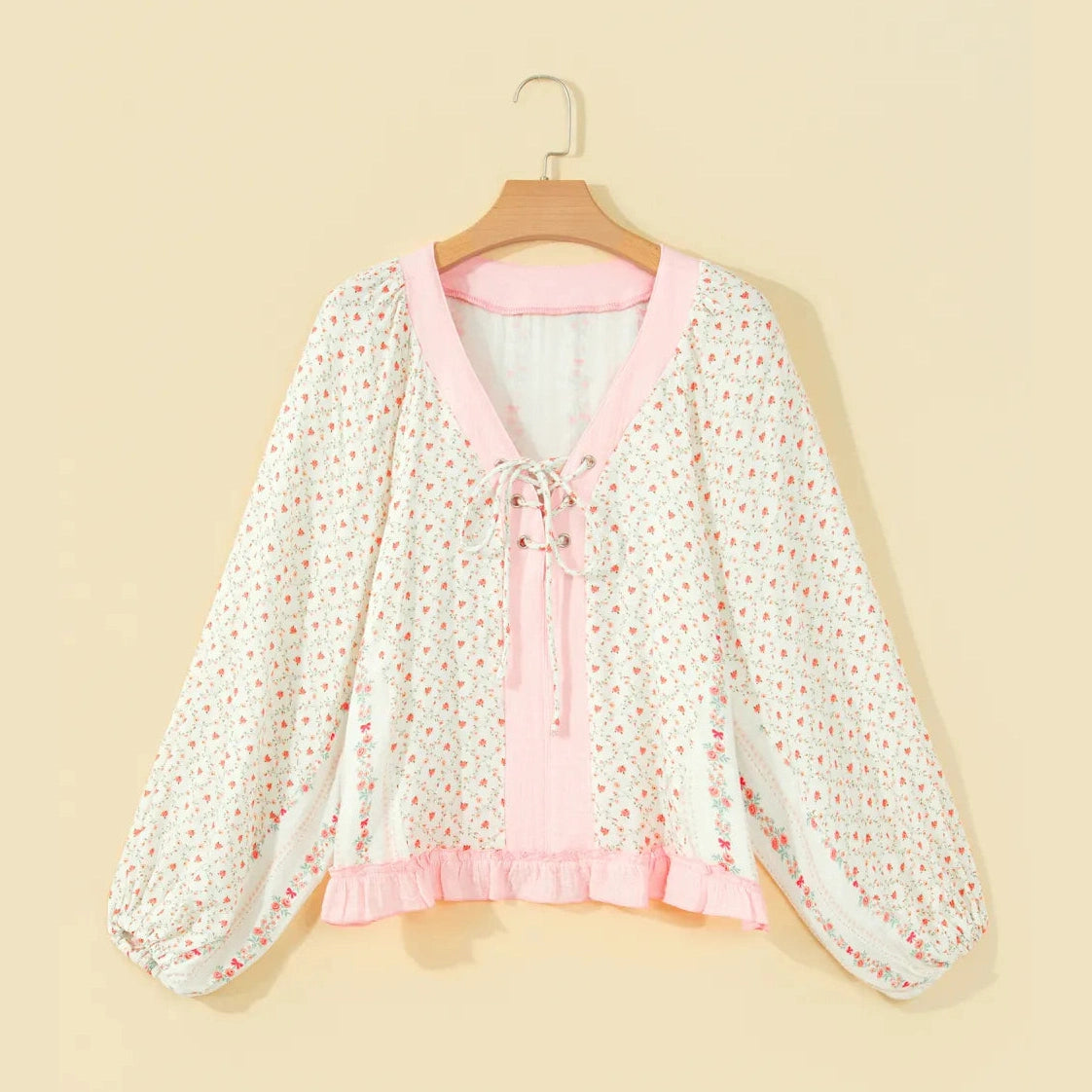 Arley Ann Floral Print Color Block Trim Lace-up V Neck Long Sleeve Blouse