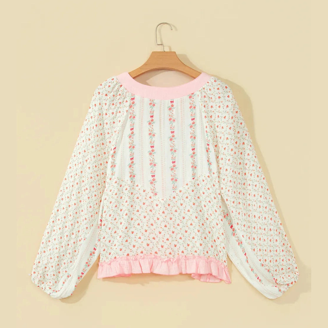 Arley Ann Floral Print Color Block Trim Lace-up V Neck Long Sleeve Blouse