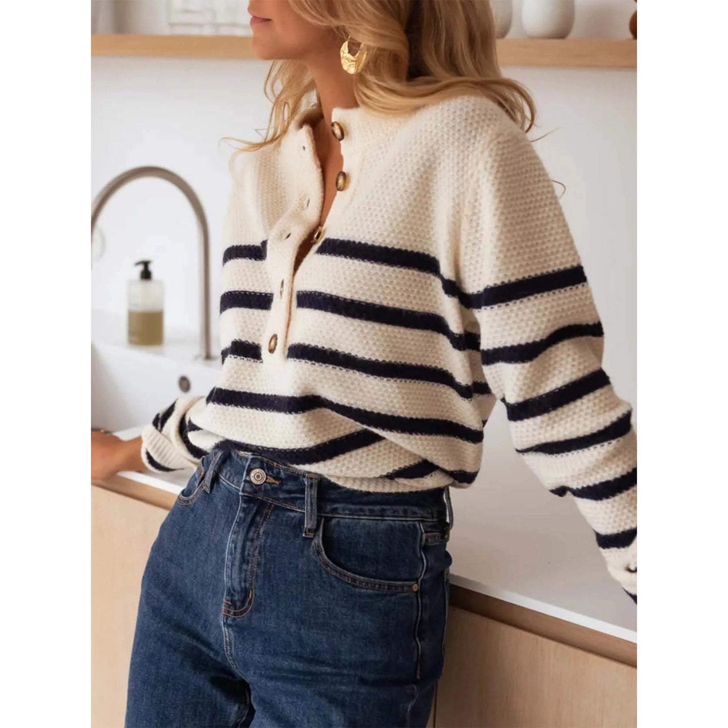 Arli Quarter Button Striped Sweater